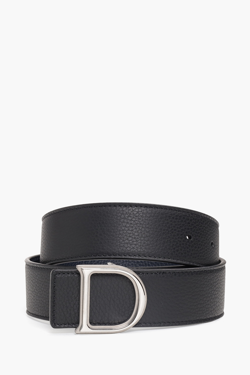 CHRISTIAN DIOR D Buckle Belt 35mm in Black/Navy Blue Grained Leather SHW 1