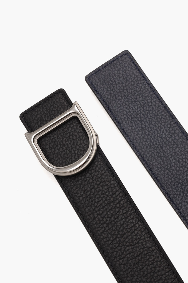 CHRISTIAN DIOR D Buckle Belt 35mm in Black/Navy Blue Grained Leather SHW 2