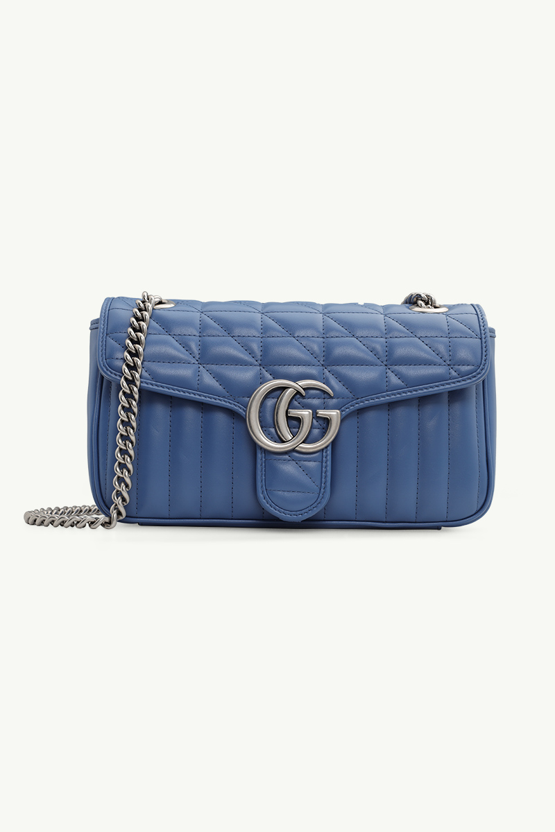 GUCCI Small New Geometric GG Marmont Flap Shoulder Bag in Blue with Palladium Hardware 0