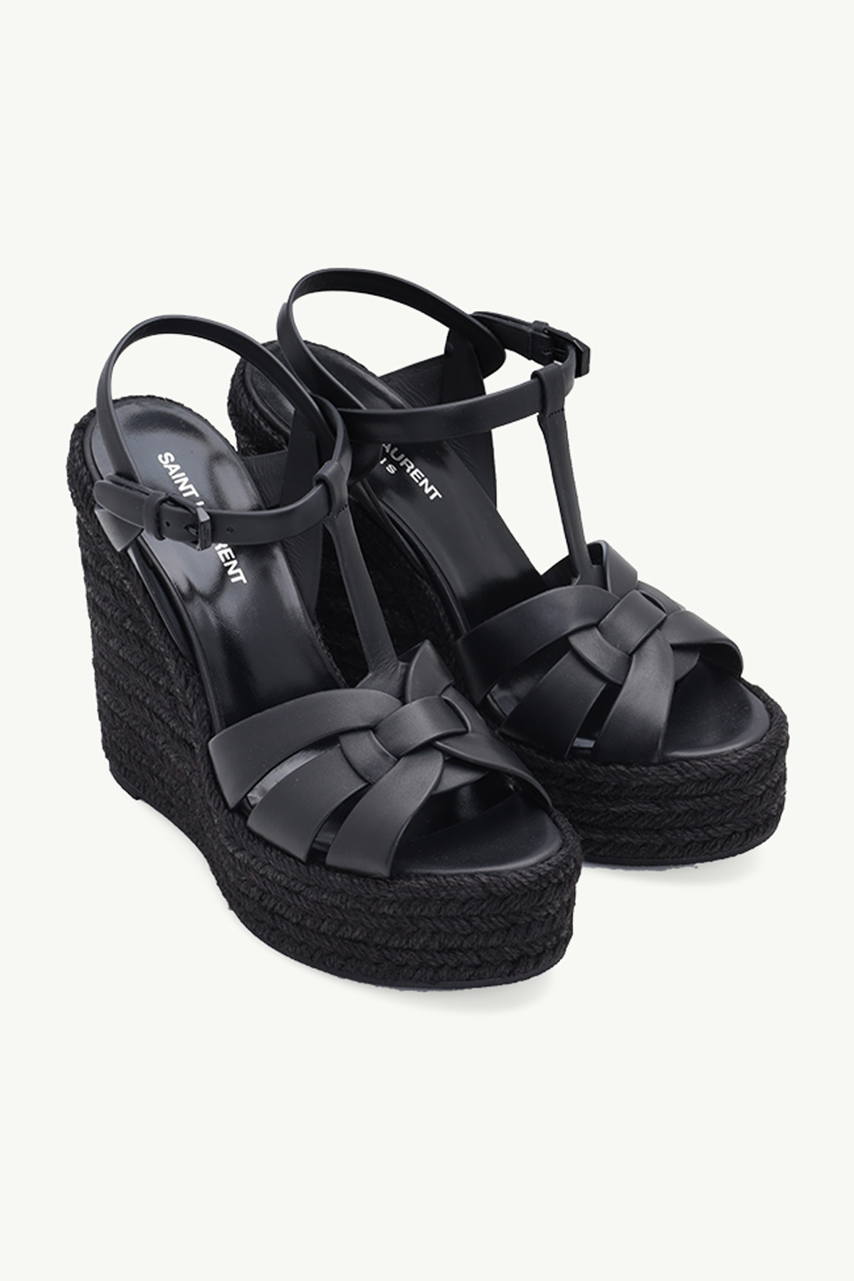 SAINT LAURENT Espadrille 12cm T-Strap Wedge Sandals in Black Calf 1