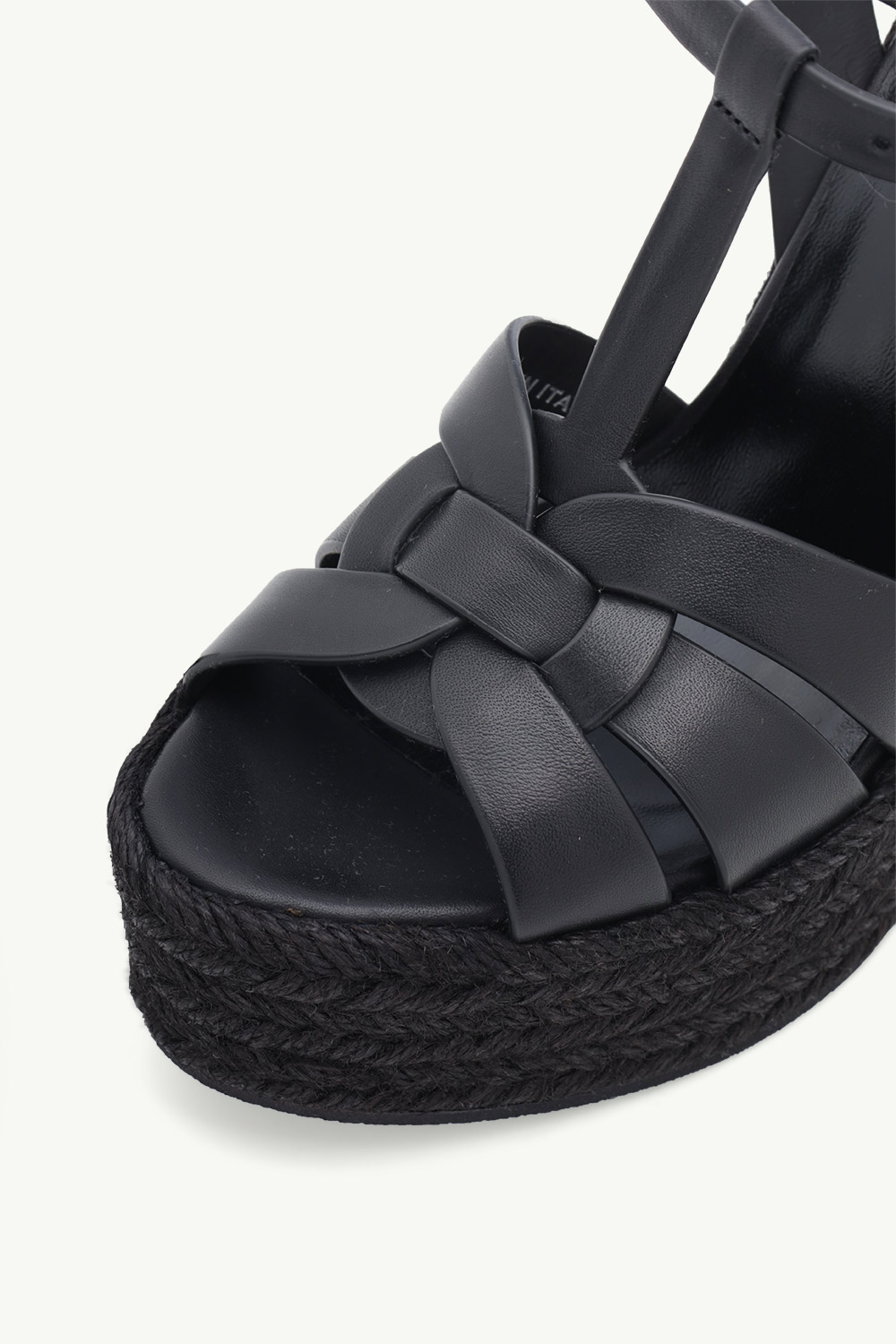 SAINT LAURENT Espadrille 12cm T-Strap Wedge Sandals in Black Calf 4