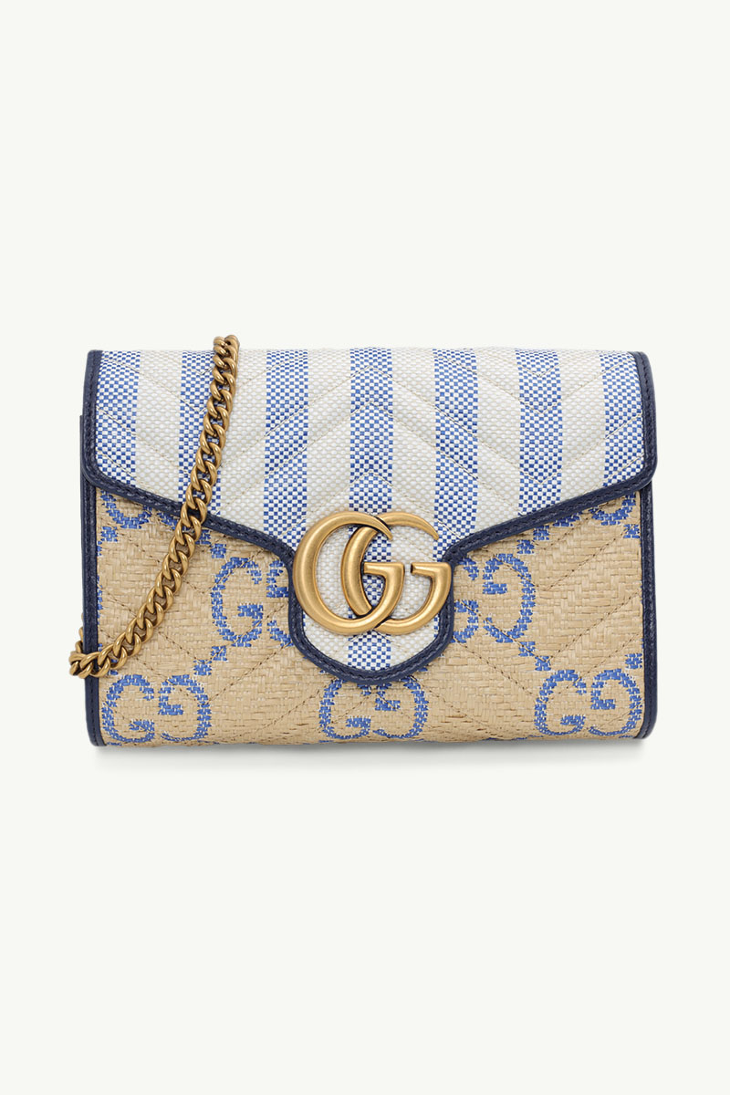 GUCCI Mini GG Marmont Wallet on Chain in Beige/Blue Raffia Effect GHW 0