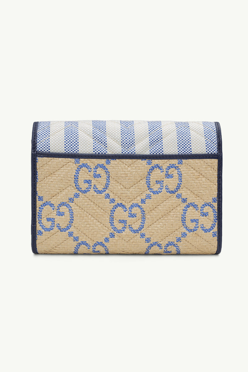 GUCCI Mini GG Marmont Wallet on Chain in Beige/Blue Raffia Effect GHW 1