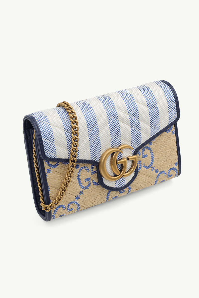 GUCCI Mini GG Marmont Wallet on Chain in Beige/Blue Raffia Effect GHW 2