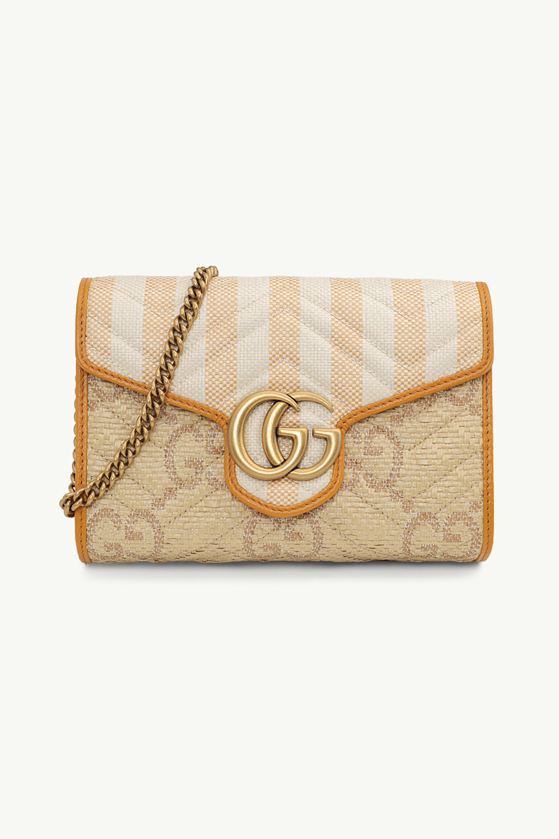 GUCCI Mini GG Marmont Wallet on Chain in Beige/Orange Raffia Effect GHW 0