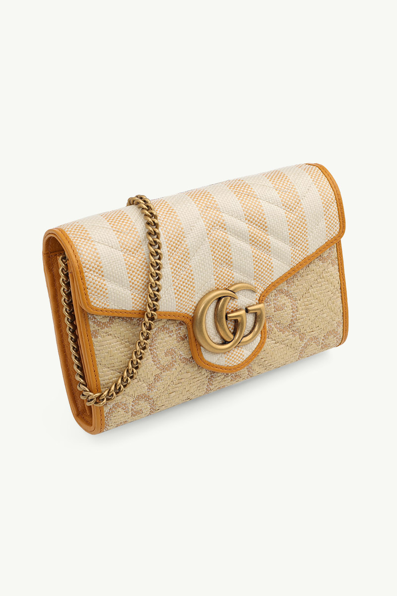 GUCCI Mini GG Marmont Wallet on Chain in Beige/Orange Raffia Effect GHW 2