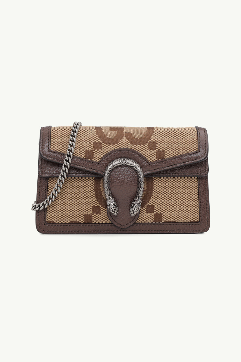 GUCCI Super Mini Jumbo GG Supreme Dionysus Shoulder Bag in Camel/Ebony Canvas 0