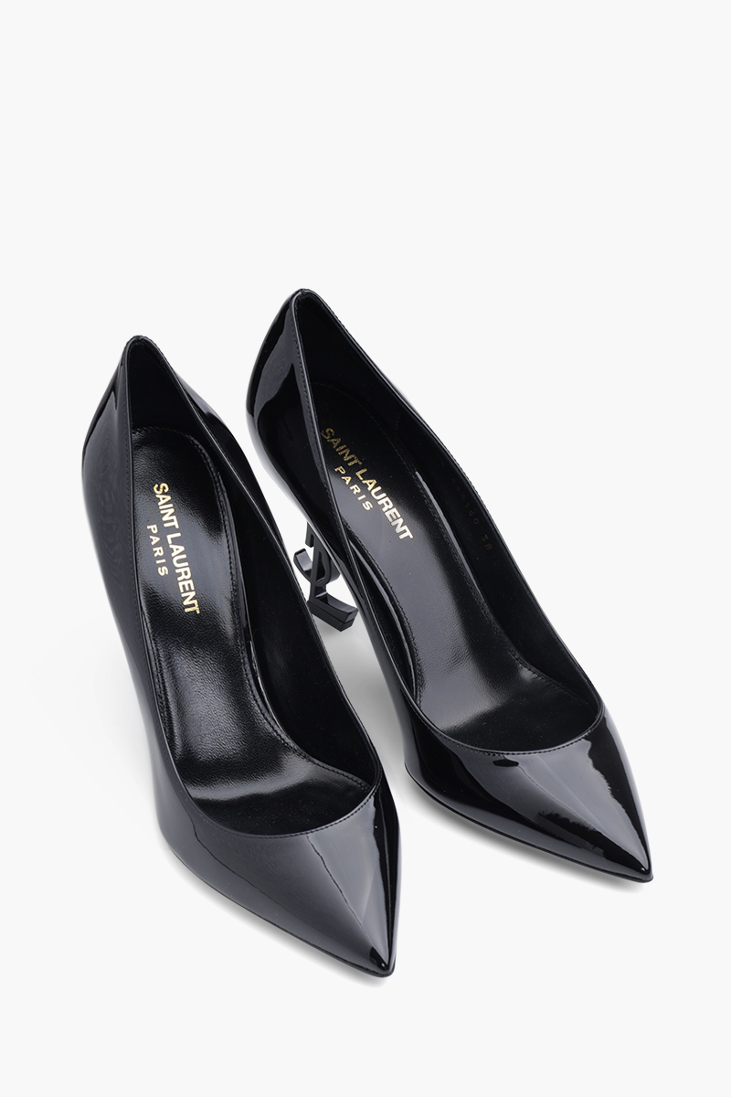 SAINT LAURENT Opyum 85mm Pumps in Black Patent with Black Logo Heels 1
