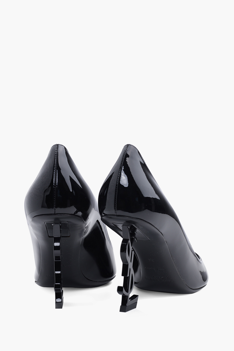 SAINT LAURENT Opyum 85mm Pumps in Black Patent with Black Logo Heels 2