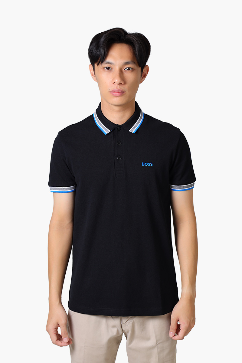 HUGO BOSS Men Paddy Organic-Cotton Regular Fit Polo Shirt in Black/Blue with Contrast Logo Details 0