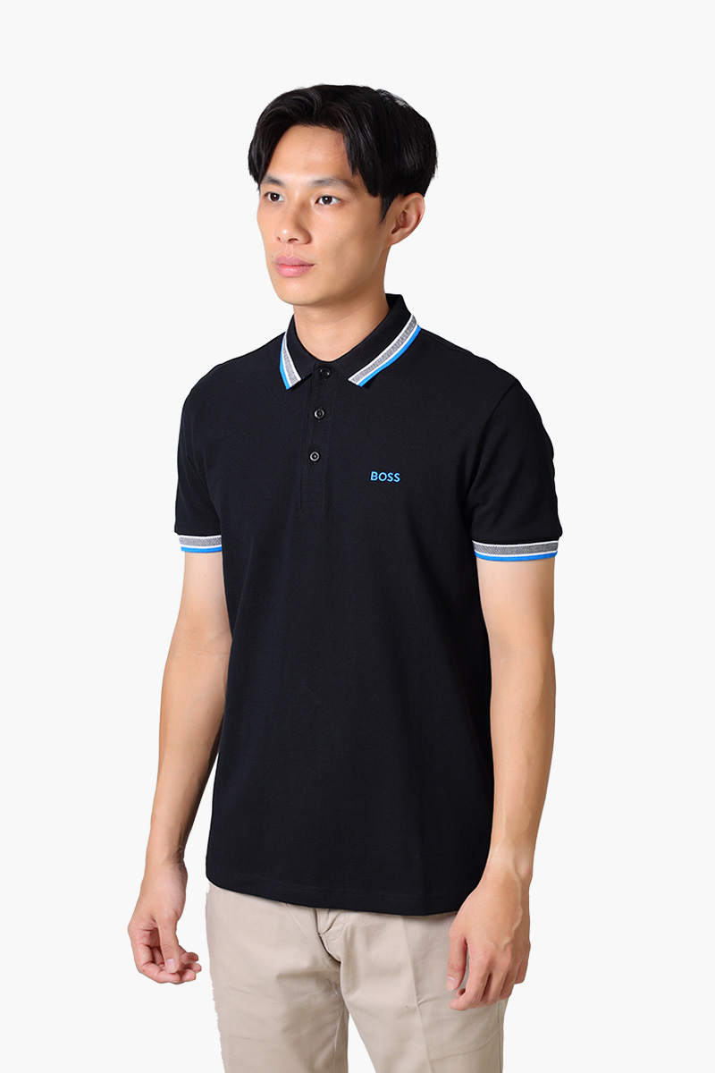 HUGO BOSS Men Paddy Organic-Cotton Regular Fit Polo Shirt in Black/Blue with Contrast Logo Details 2