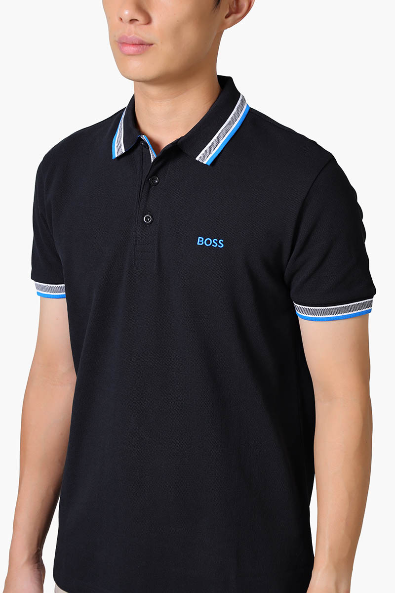 HUGO BOSS Men Paddy Organic-Cotton Regular Fit Polo Shirt in Black/Blue with Contrast Logo Details 3