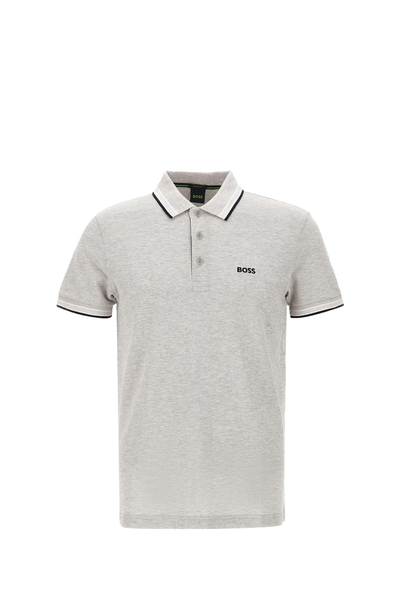 HUGO BOSS Men Paddy Organic-Cotton Regular Fit Polo Shirt in Silver Grey/Black with Contrast Logo Details 0