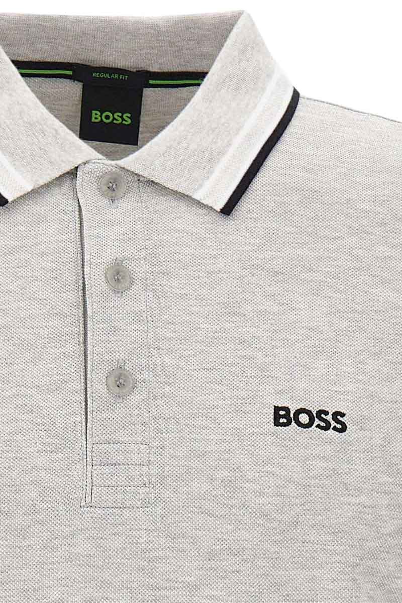 HUGO BOSS Men Paddy Organic-Cotton Regular Fit Polo Shirt in Silver Grey/Black with Contrast Logo Details 3