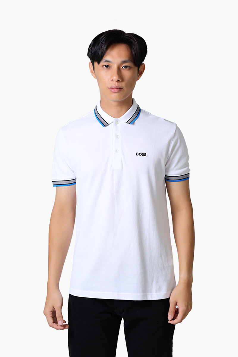 HUGO BOSS Men Paddy Organic-Cotton Regular Fit Polo Shirt in White/Blue with Contrast Logo Details 0