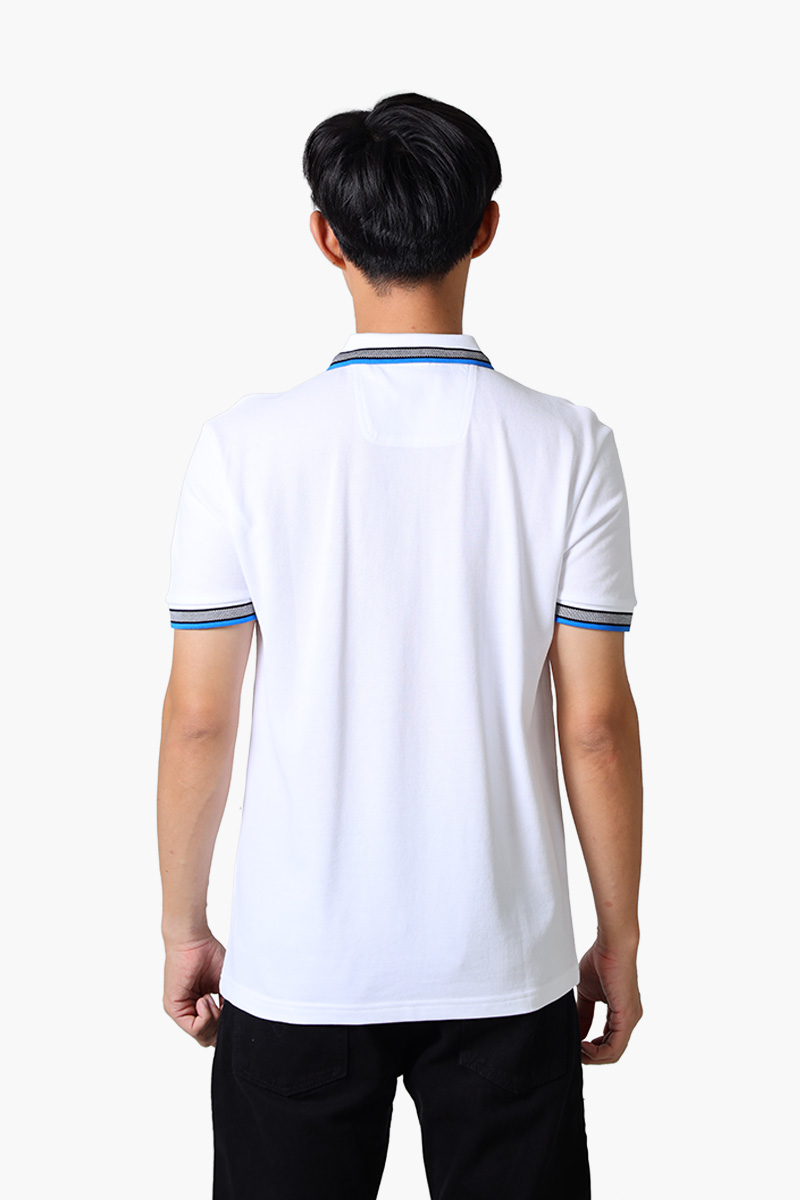 HUGO BOSS Men Paddy Organic-Cotton Regular Fit Polo Shirt in White/Blue with Contrast Logo Details 1