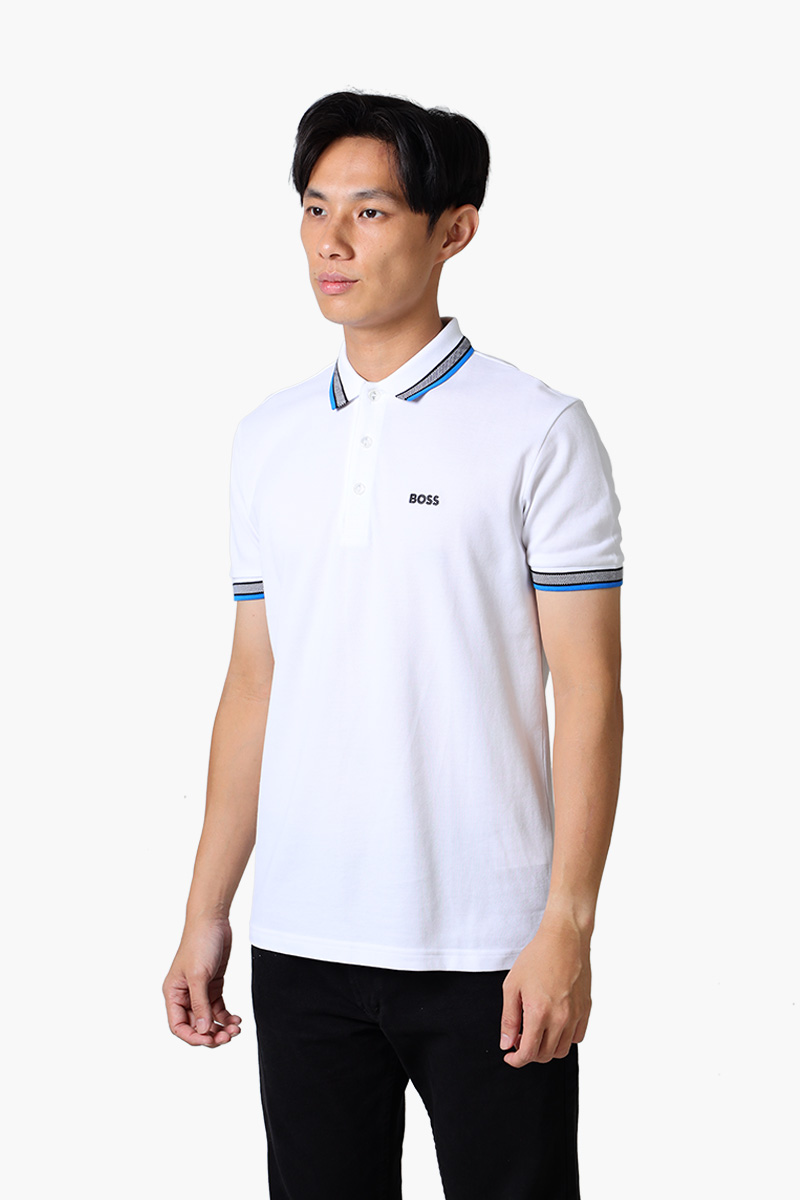 HUGO BOSS Men Paddy Organic-Cotton Regular Fit Polo Shirt in White/Blue with Contrast Logo Details 2