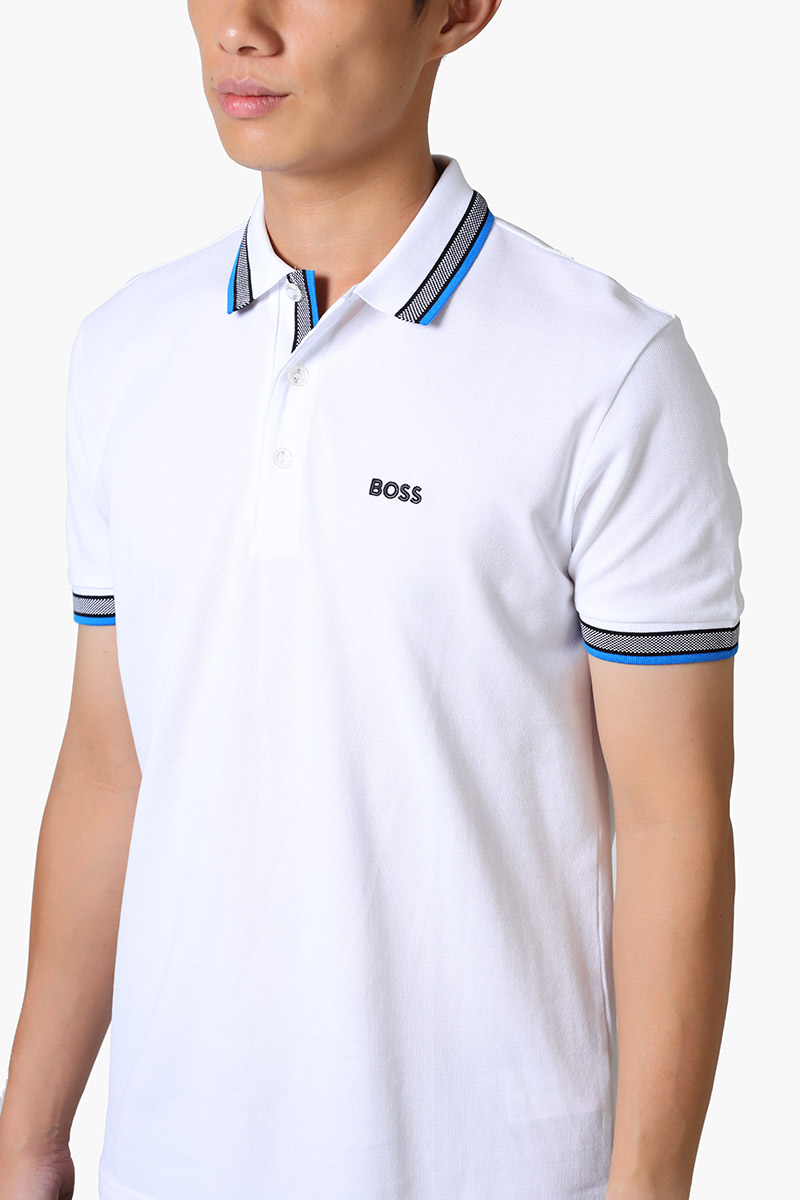 HUGO BOSS Men Paddy Organic-Cotton Regular Fit Polo Shirt in White/Blue with Contrast Logo Details 3