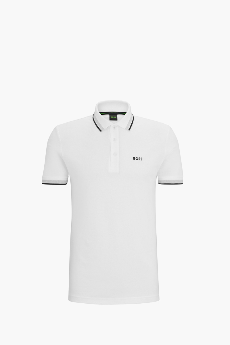 HUGO BOSS Men Paddy Organic-Cotton Regular Fit Polo Shirt in White/Beige/Black with Contrast Logo Details 0