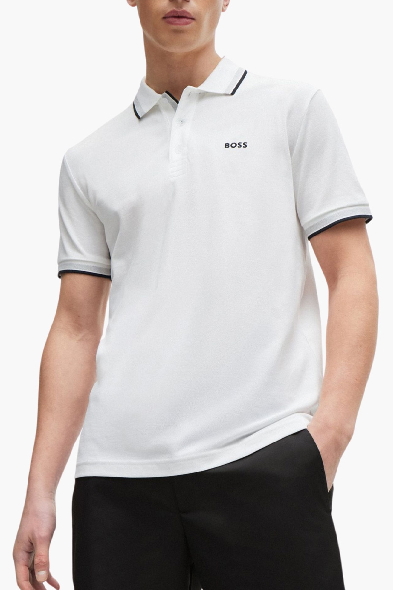 HUGO BOSS Men Paddy Organic-Cotton Regular Fit Polo Shirt in White/Beige/Black with Contrast Logo Details 1