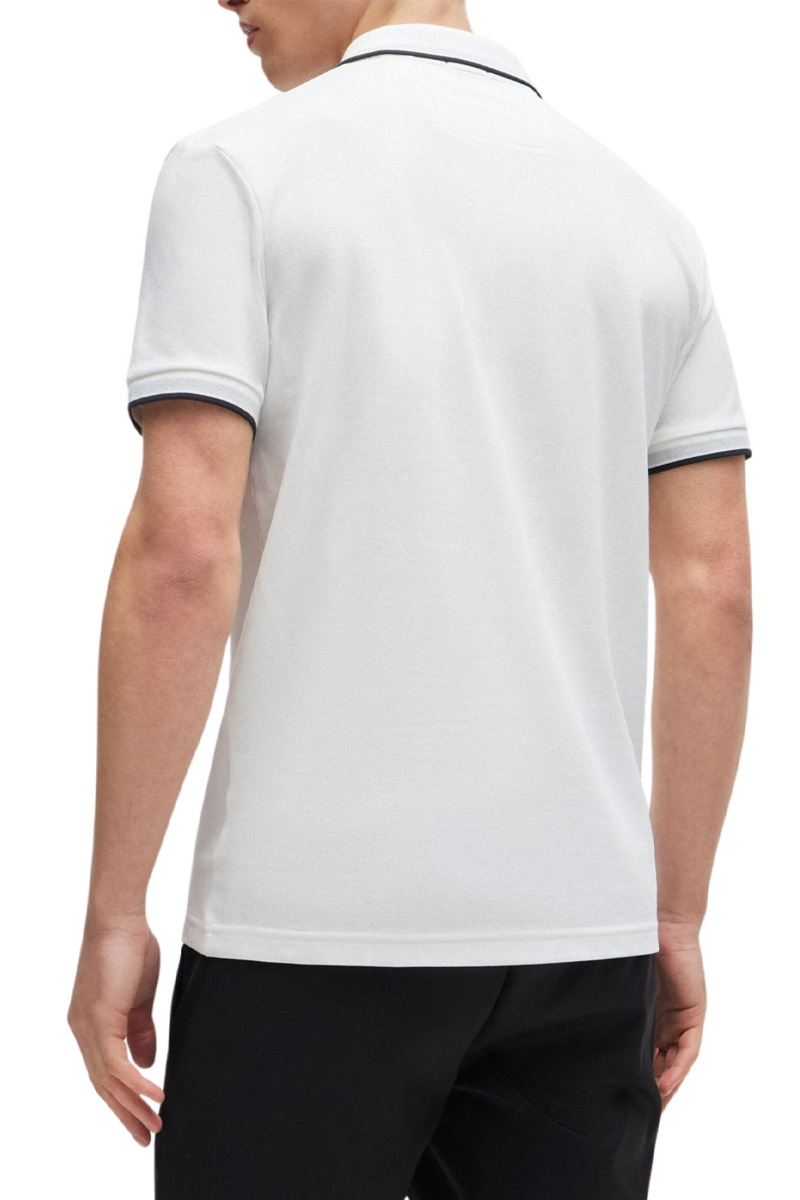 HUGO BOSS Men Paddy Organic-Cotton Regular Fit Polo Shirt in White/Beige/Black with Contrast Logo Details 2