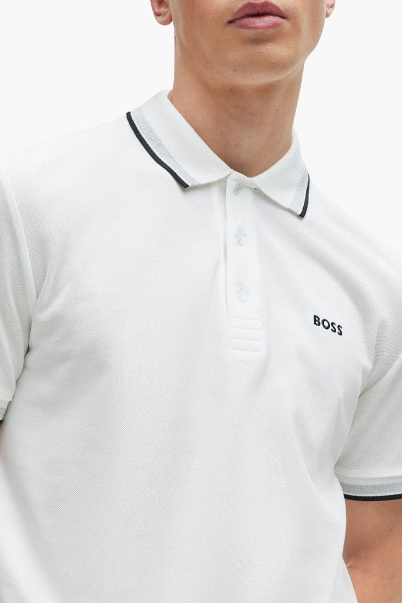 HUGO BOSS Men Paddy Organic-Cotton Regular Fit Polo Shirt in White/Beige/Black with Contrast Logo Details 3