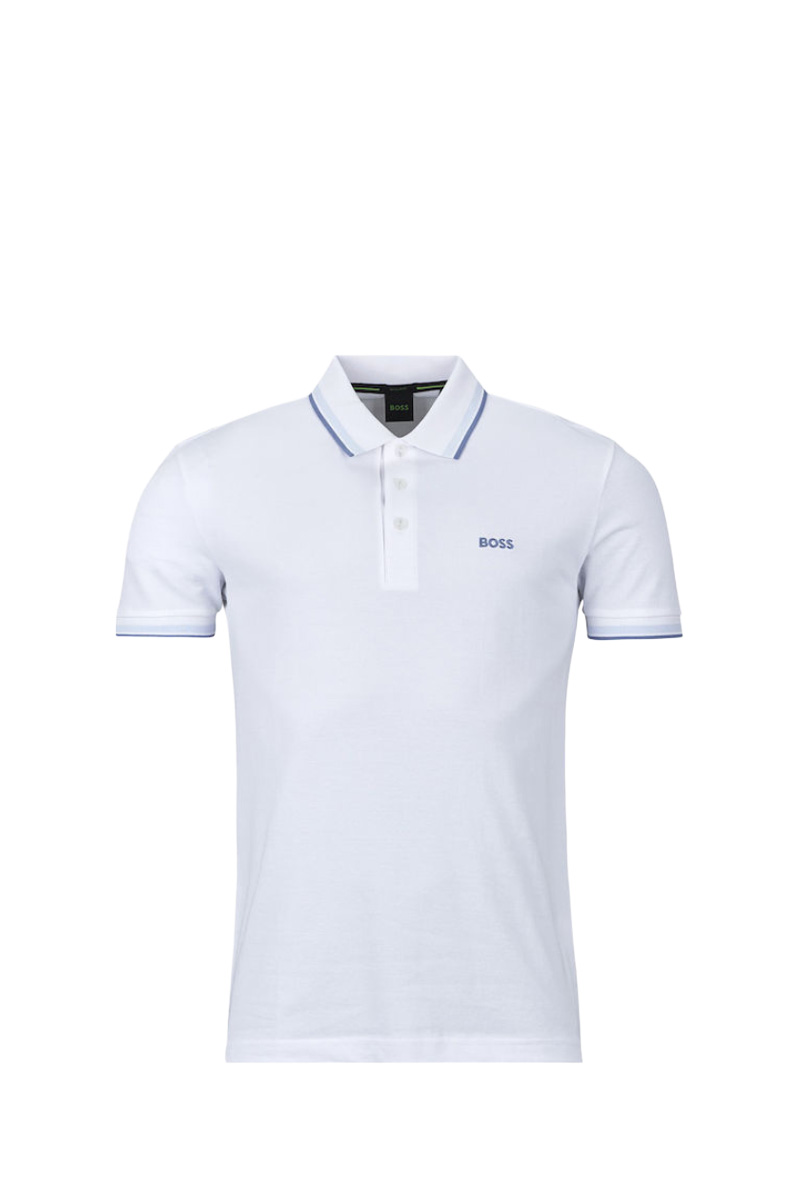 HUGO BOSS Men Paddy Organic-Cotton Regular Fit Polo Shirt in White/Blue with Contrast Logo Details 0