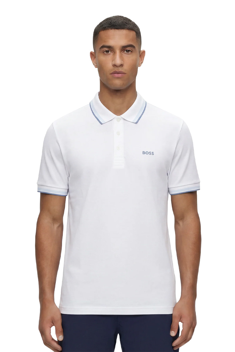 HUGO BOSS Men Paddy Organic-Cotton Regular Fit Polo Shirt in White/Blue with Contrast Logo Details 1