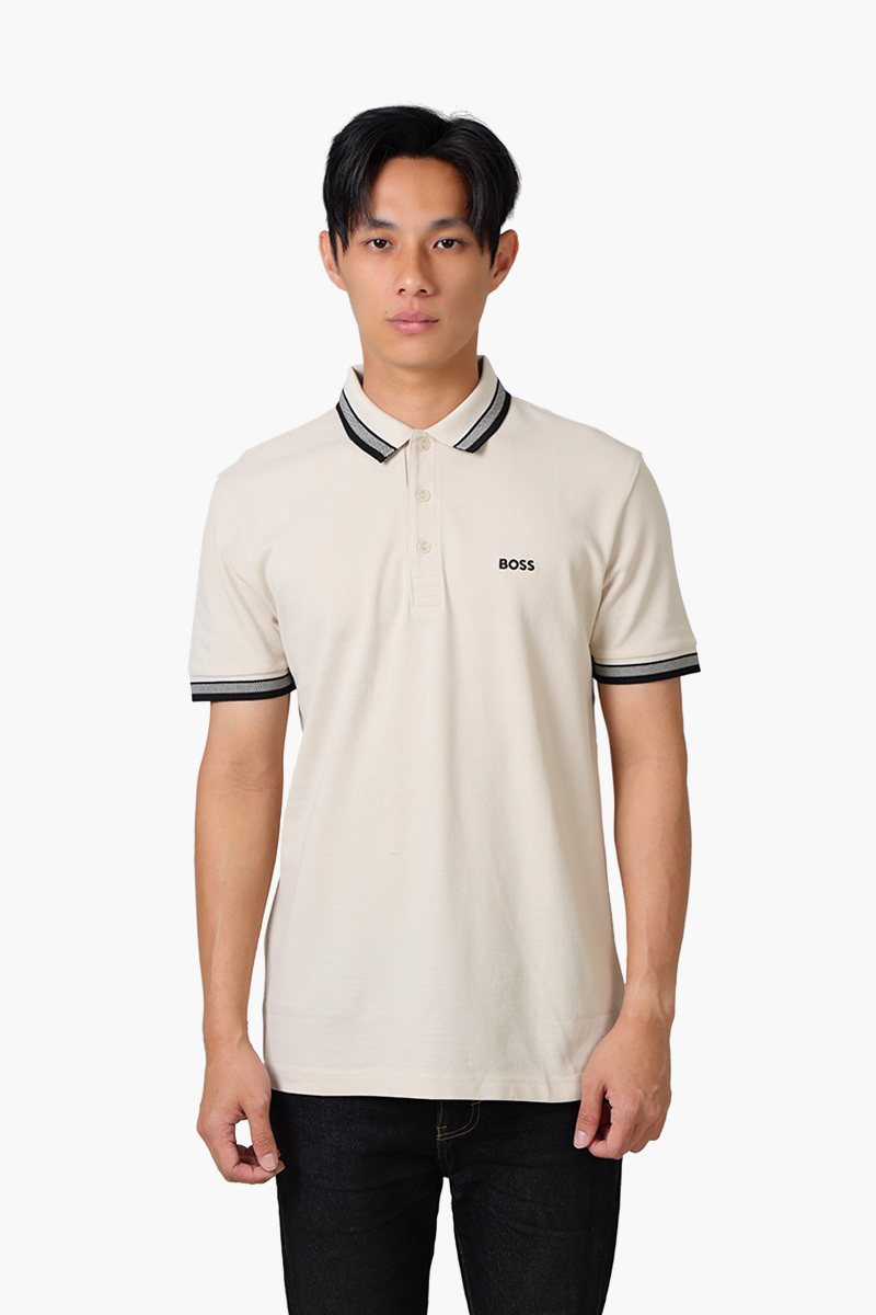 HUGO BOSS Men Paddy Organic-Cotton Regular Fit Polo Shirt in Natural Beige with Contrast Logo Details 0