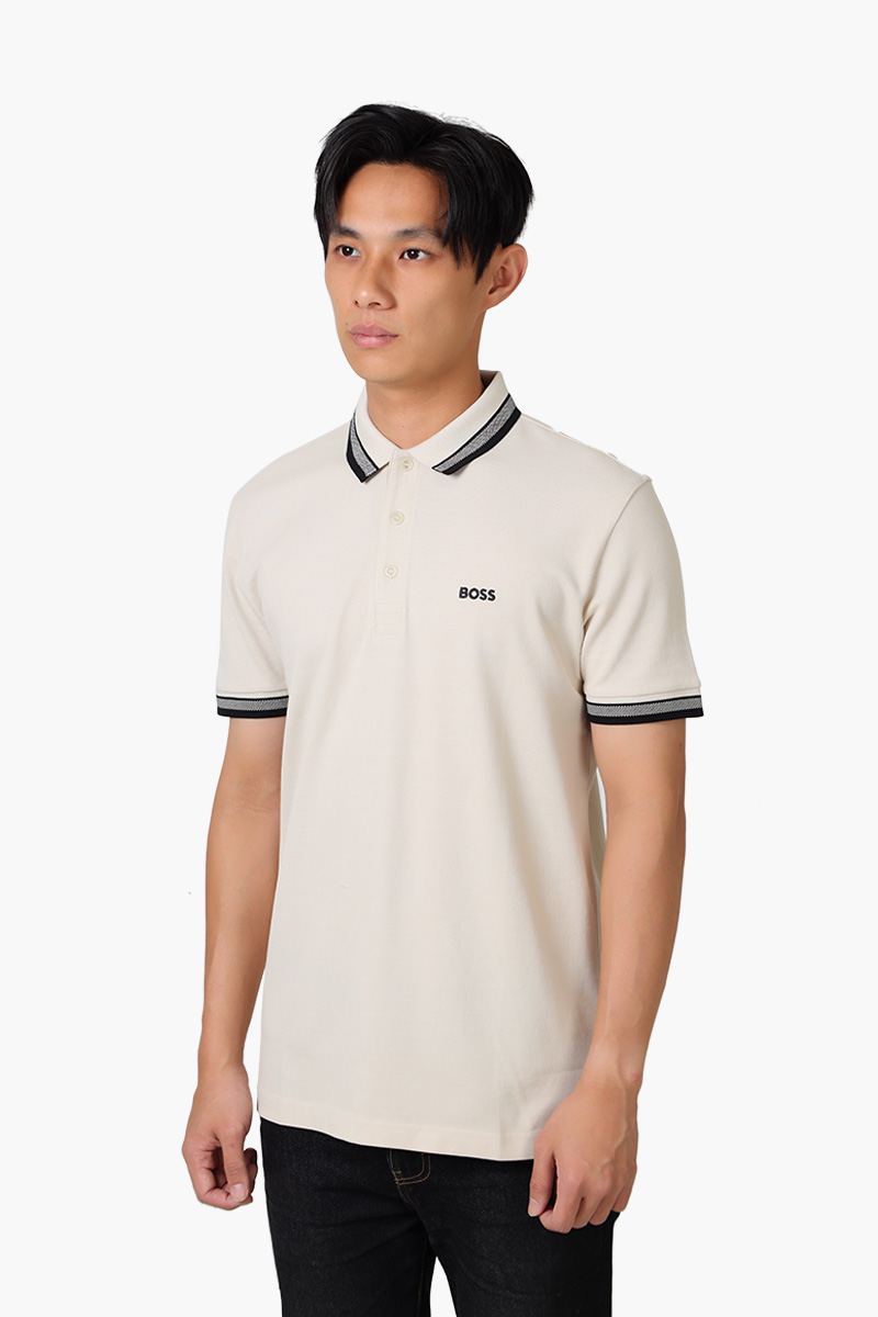 HUGO BOSS Men Paddy Organic-Cotton Regular Fit Polo Shirt in Natural Beige with Contrast Logo Details 2