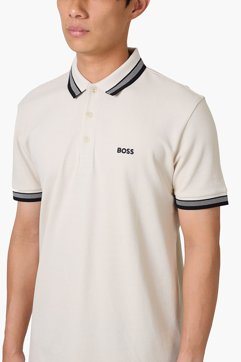 HUGO BOSS Men Paddy Organic-Cotton Regular Fit Polo Shirt in Natural Beige with Contrast Logo Details 3