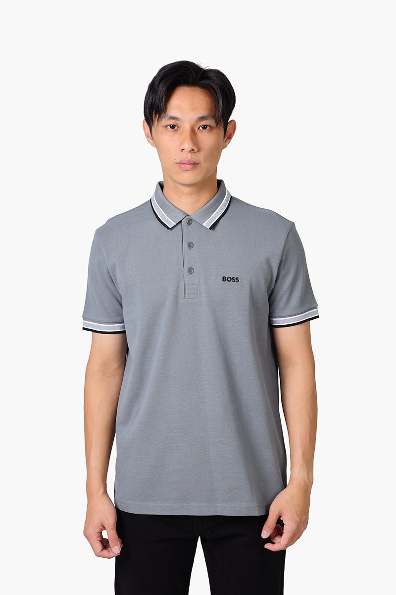 HUGO BOSS Men Paddy Organic-Cotton Regular Fit Polo Shirt in Grey/Black with Contrast Logo Details 0