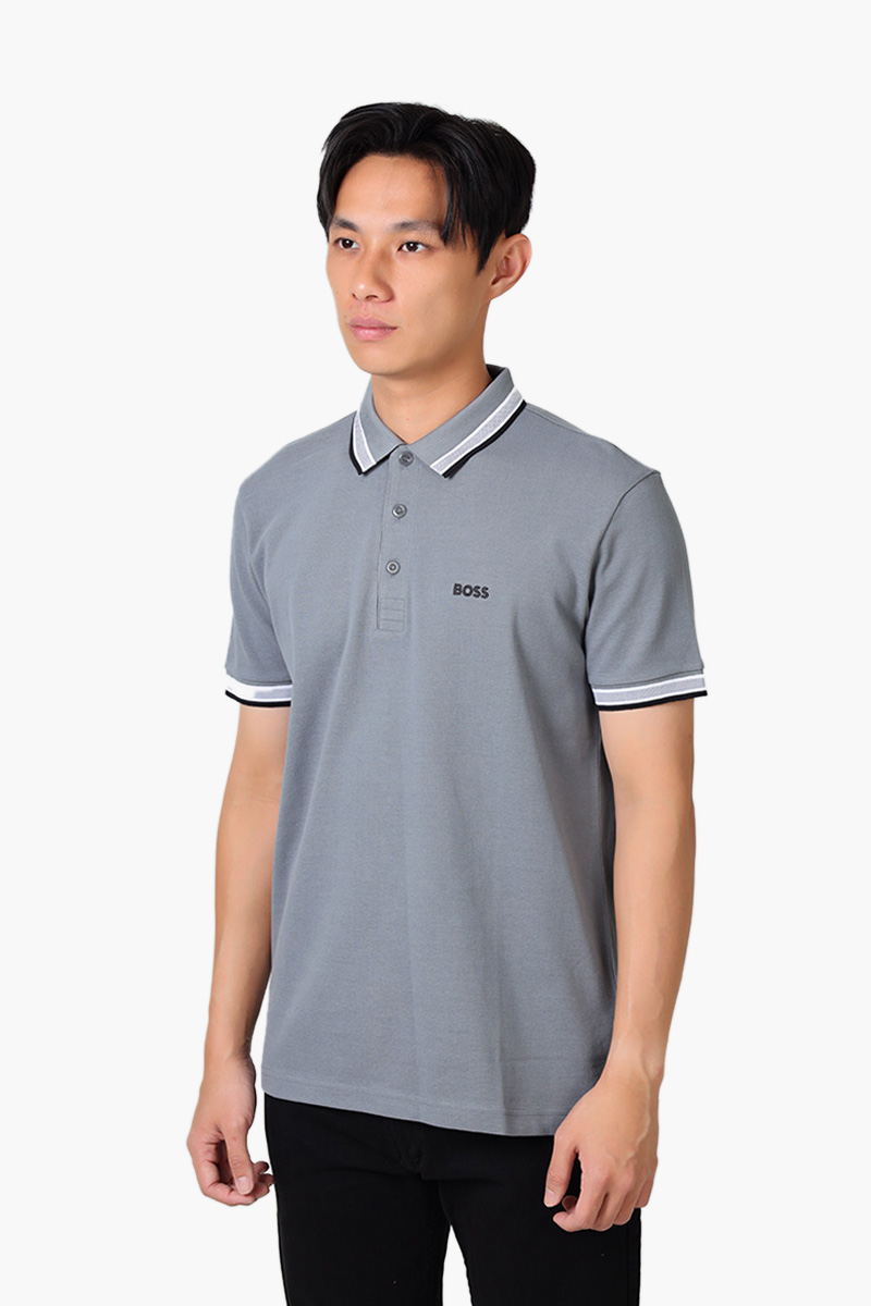 HUGO BOSS Men Paddy Organic-Cotton Regular Fit Polo Shirt in Grey/Black with Contrast Logo Details 2