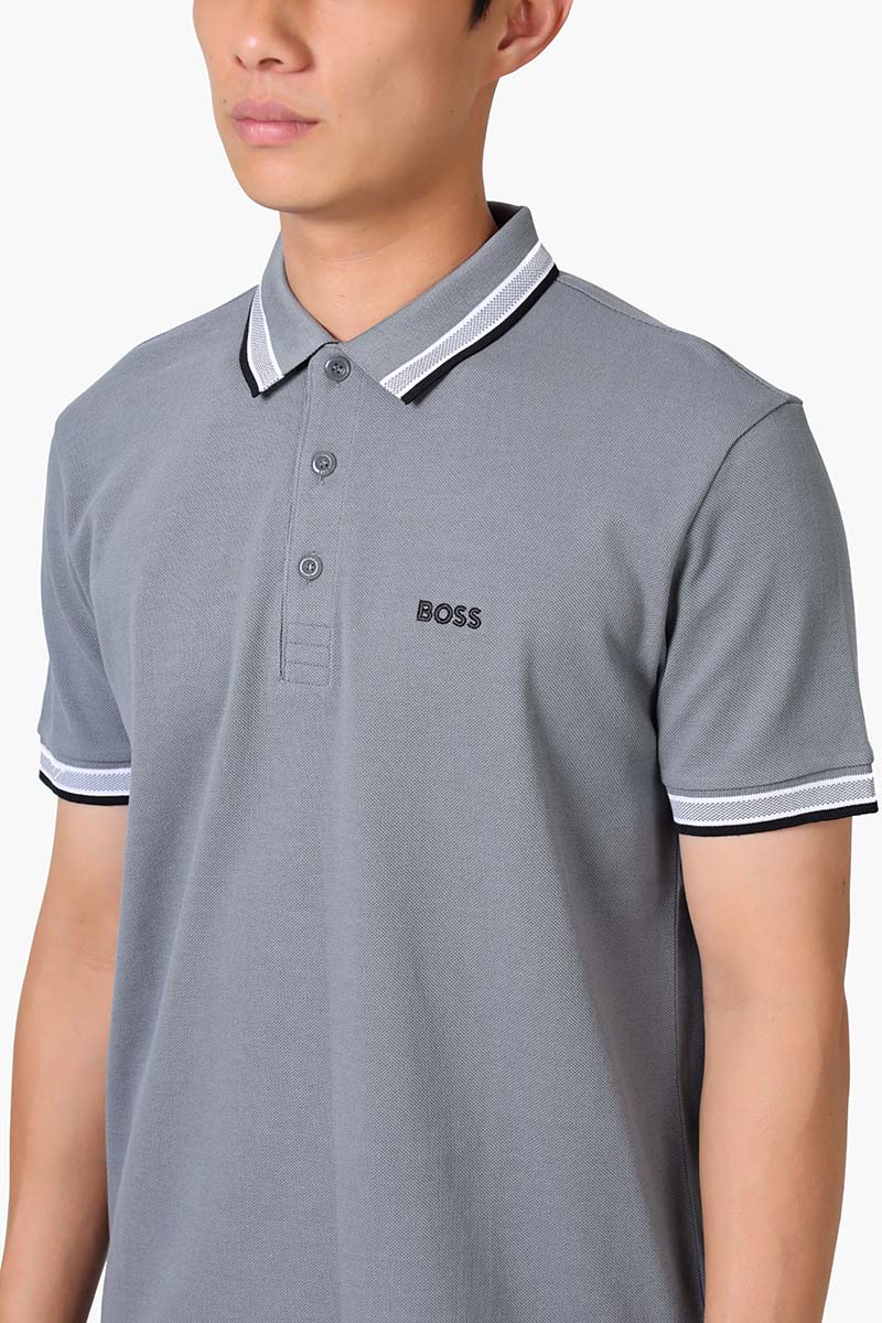 HUGO BOSS Men Paddy Organic-Cotton Regular Fit Polo Shirt in Grey/Black with Contrast Logo Details 3