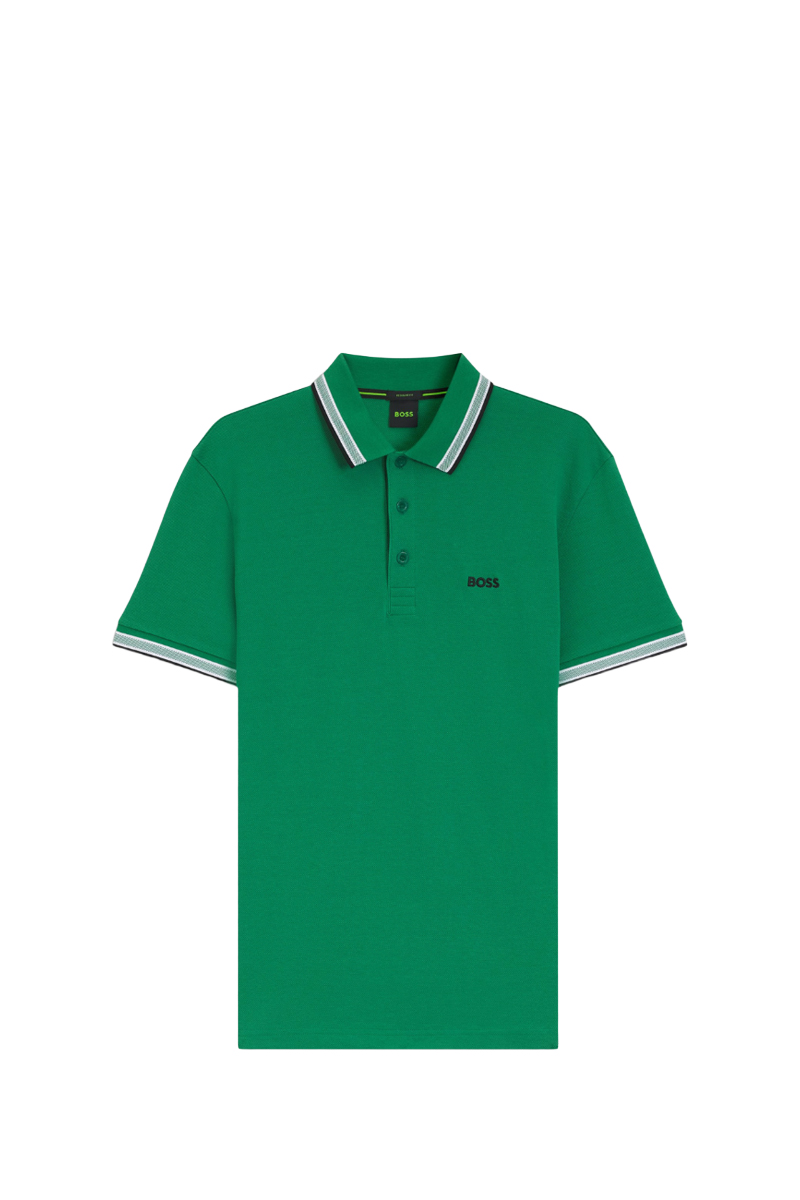 HUGO BOSS Men Paddy Organic-Cotton Regular Fit Polo Shirt in Green with Contrast Logo Details 0