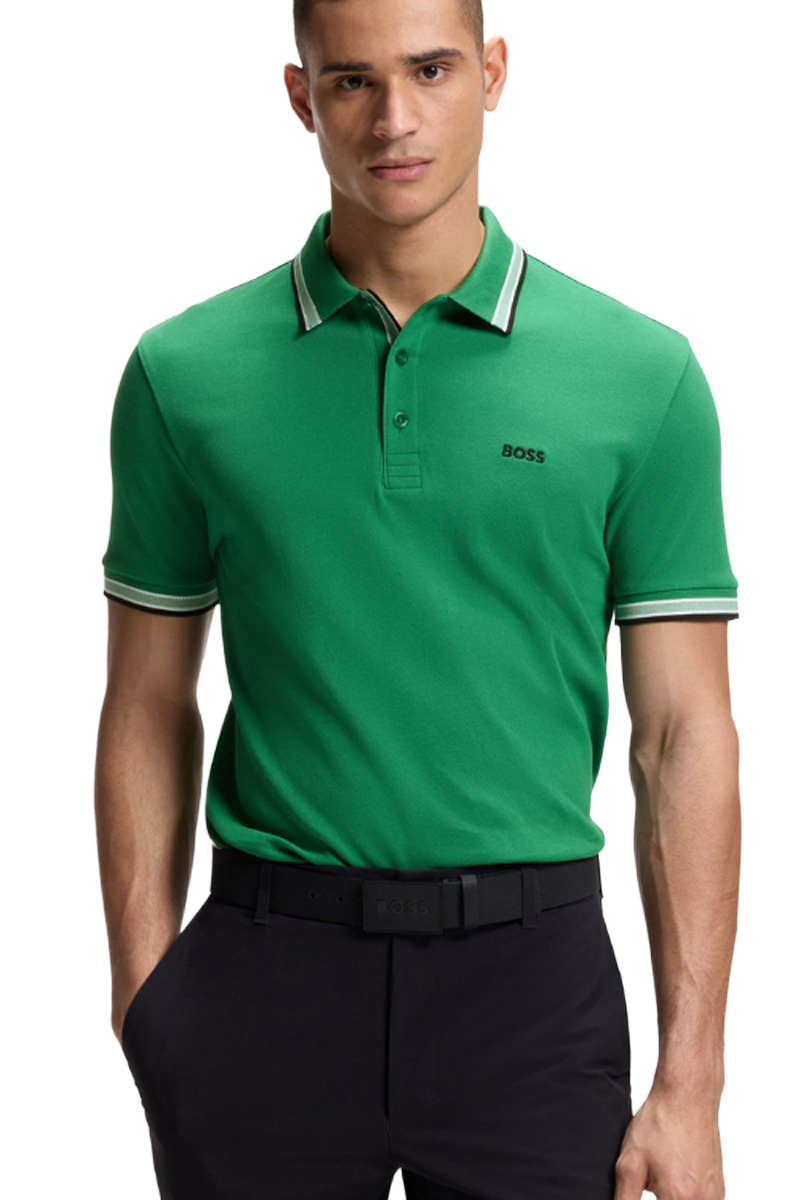 HUGO BOSS Men Paddy Organic-Cotton Regular Fit Polo Shirt in Green with Contrast Logo Details 1