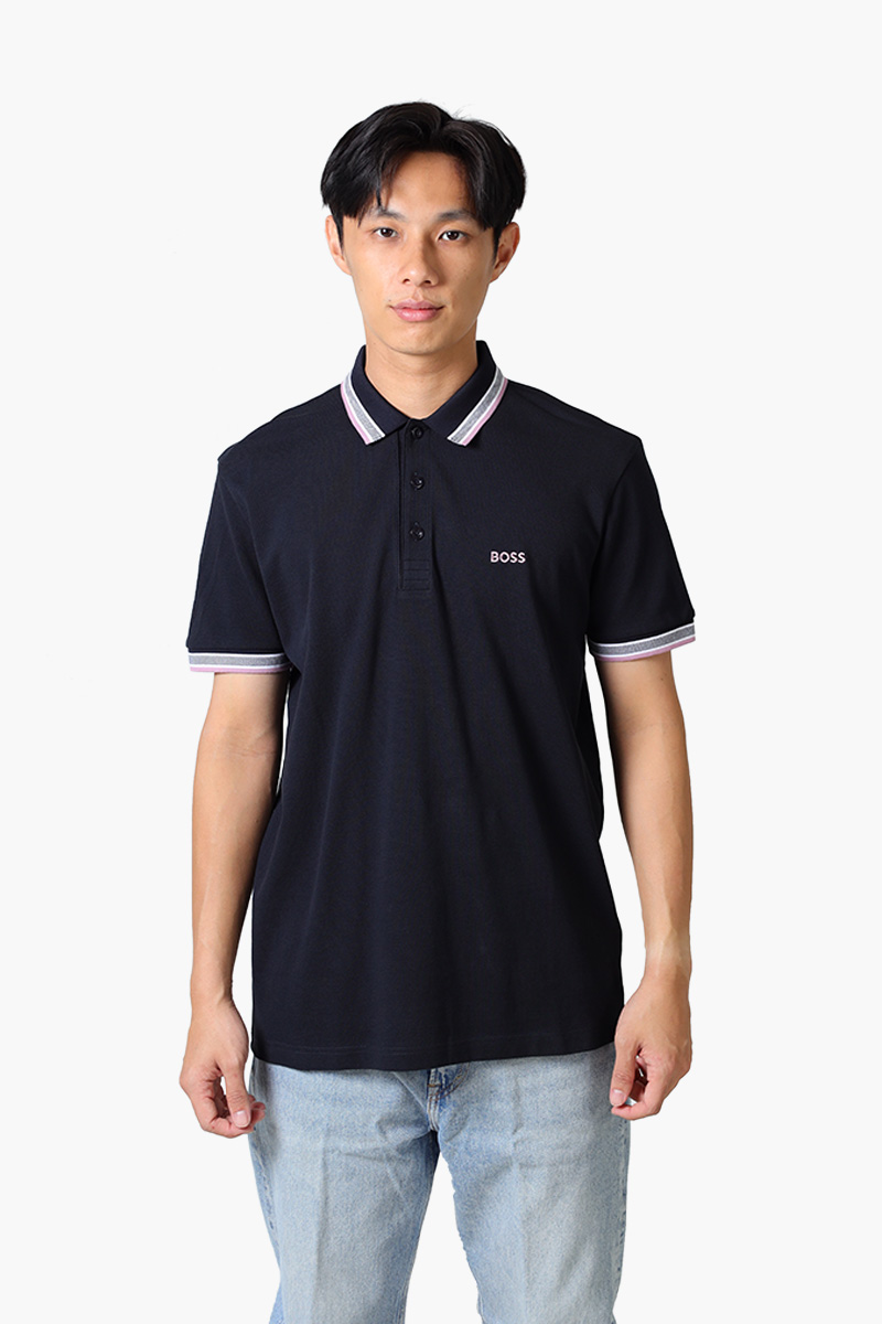 HUGO BOSS Men Paddy Organic-Cotton Regular Fit Polo Shirt in Dark Blue/Pink with Contrast Logo Details 0