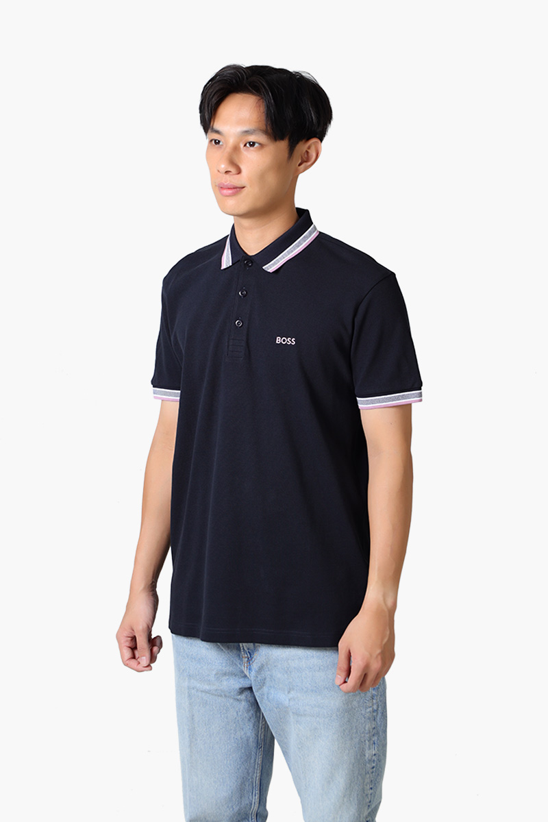 HUGO BOSS Men Paddy Organic-Cotton Regular Fit Polo Shirt in Dark Blue/Pink with Contrast Logo Details 2