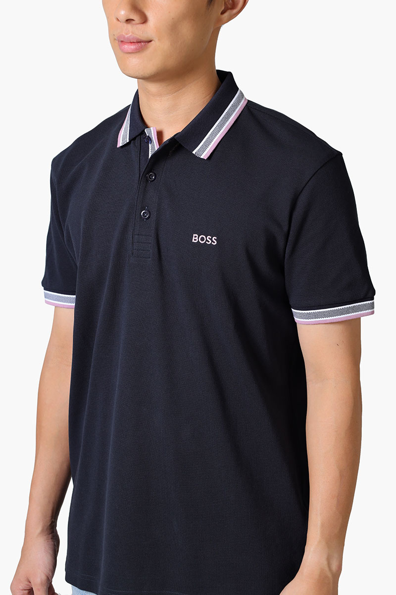 HUGO BOSS Men Paddy Organic-Cotton Regular Fit Polo Shirt in Dark Blue/Pink with Contrast Logo Details 3