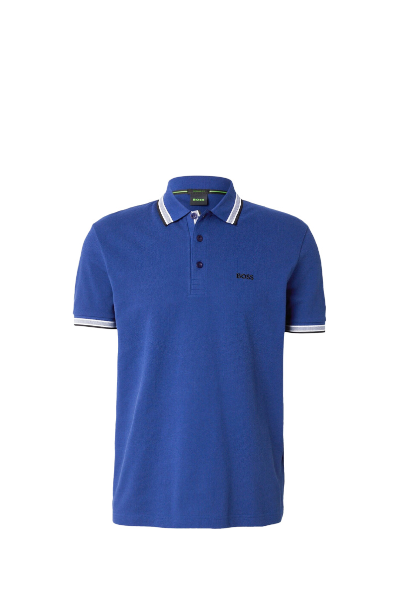 HUGO BOSS Men Paddy Organic-Cotton Regular Fit Polo Shirt in Medium Blue/Black with Contrast Logo Details 0