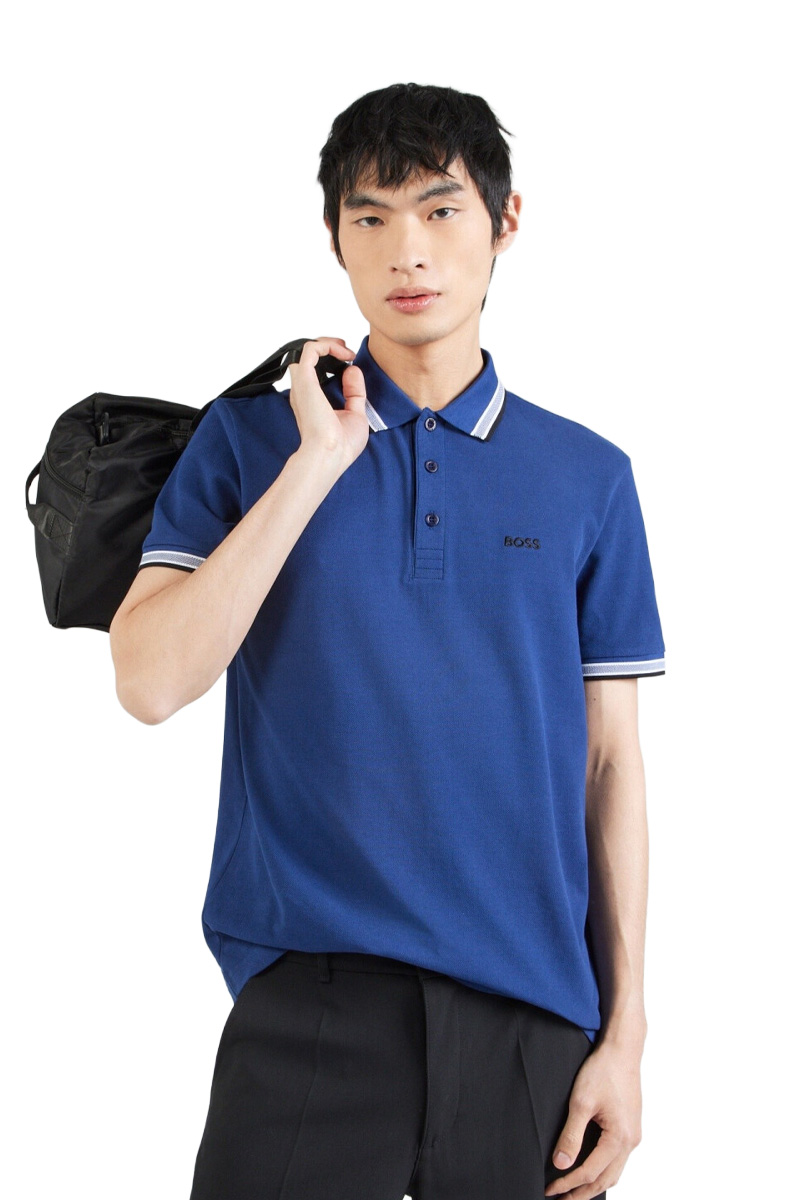 HUGO BOSS Men Paddy Organic-Cotton Regular Fit Polo Shirt in Medium Blue/Black with Contrast Logo Details 1
