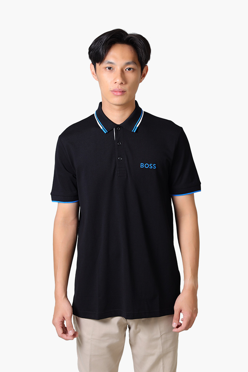 HUGO BOSS Men Contrast Logo Polo Shirt in Black/Blue Cotton Blend 0