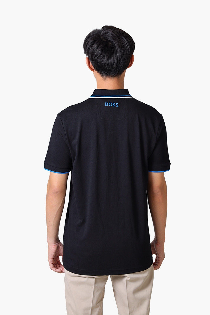 HUGO BOSS Men Contrast Logo Polo Shirt in Black/Blue Cotton Blend 1