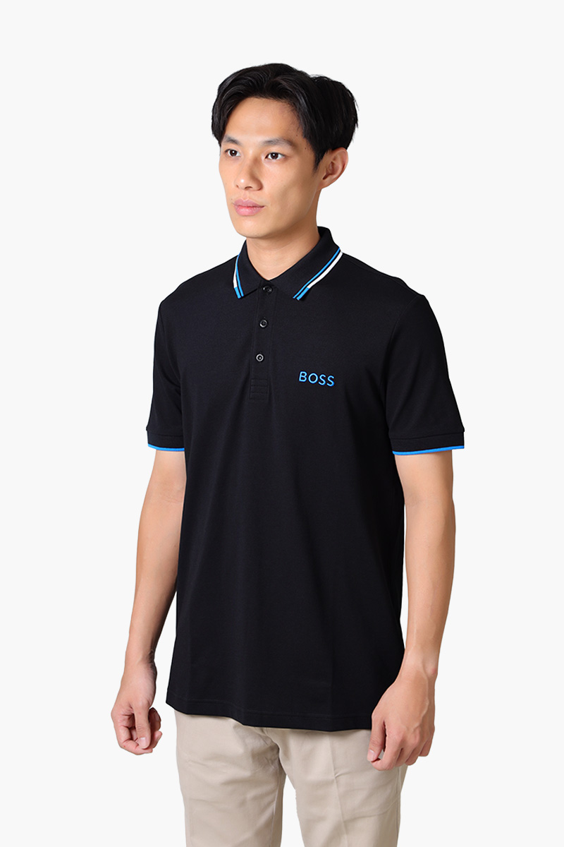HUGO BOSS Men Contrast Logo Polo Shirt in Black/Blue Cotton Blend 2