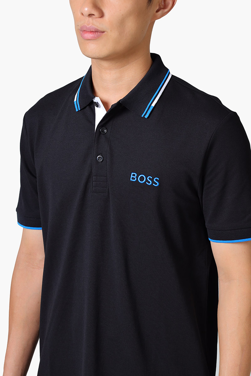 HUGO BOSS Men Contrast Logo Polo Shirt in Black/Blue Cotton Blend 3