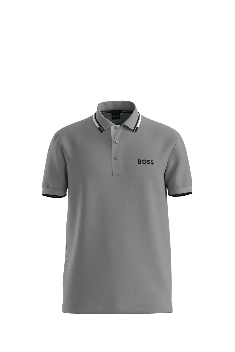 HUGO BOSS Men Contrast Logo Polo Shirt in Silver/Black/White Cotton Blend 0
