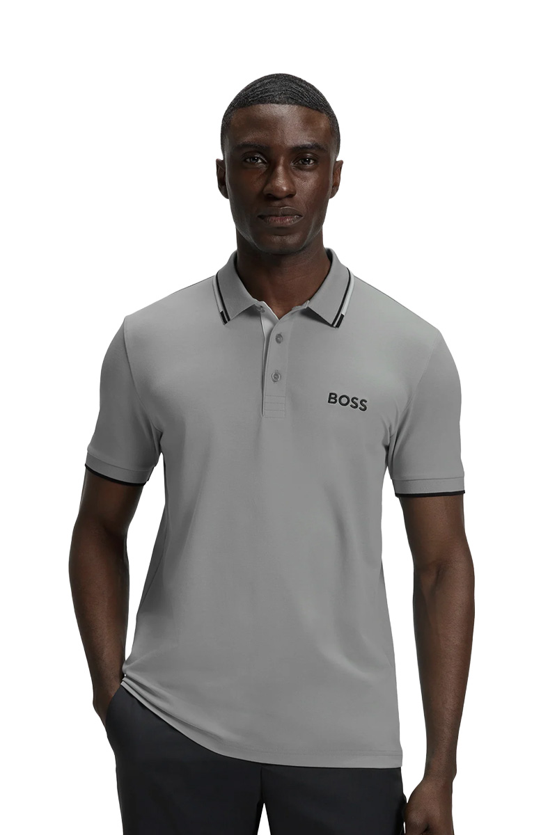 HUGO BOSS Men Contrast Logo Polo Shirt in Silver/Black/White Cotton Blend 1