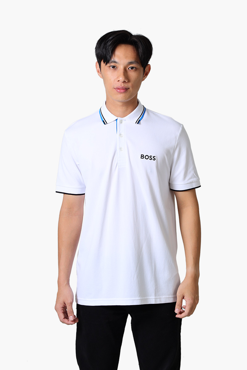 HUGO BOSS Men Contrast Logo Polo Shirt in White/Blue Cotton Blend 0