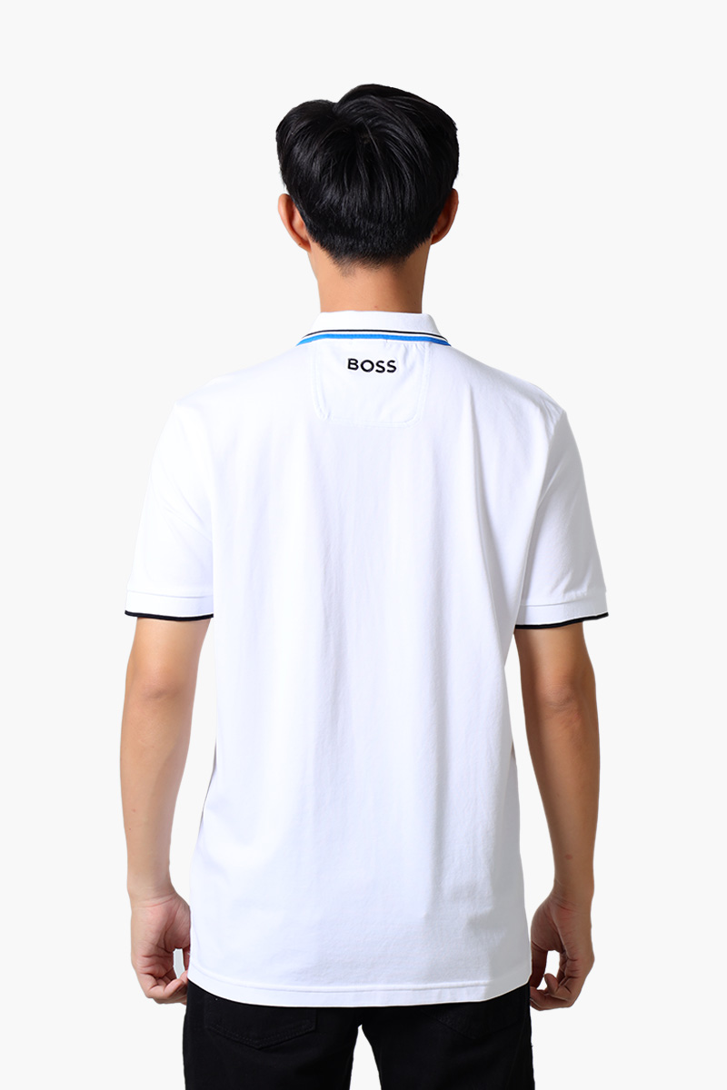 HUGO BOSS Men Contrast Logo Polo Shirt in White/Blue Cotton Blend 1