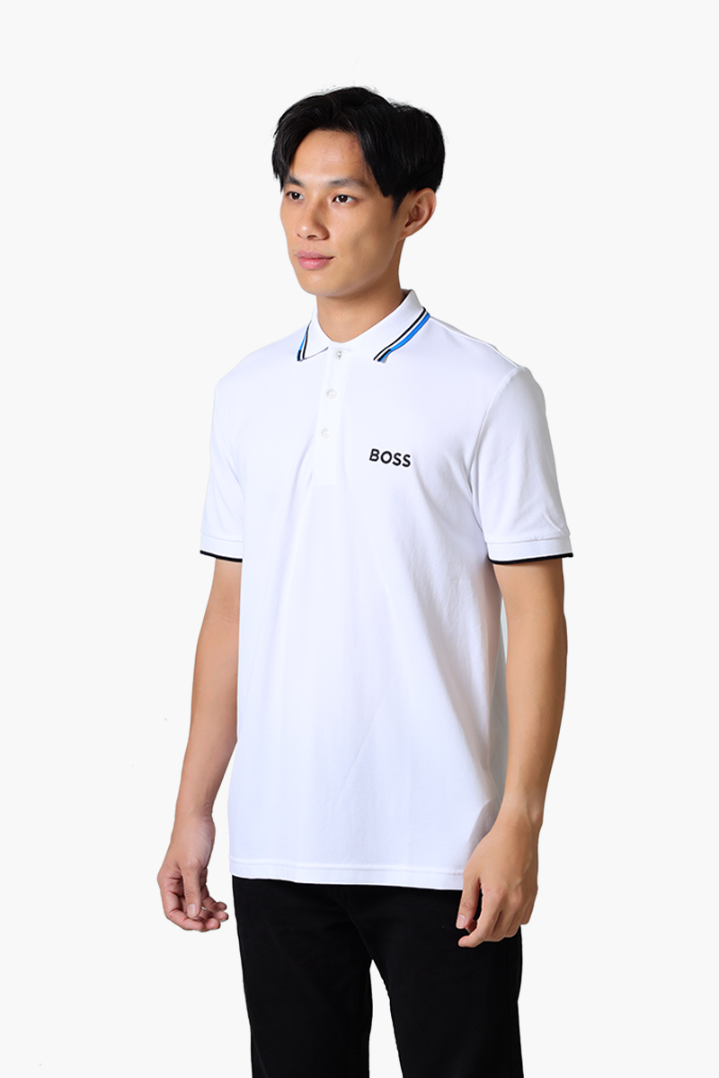 HUGO BOSS Men Contrast Logo Polo Shirt in White/Blue Cotton Blend 2